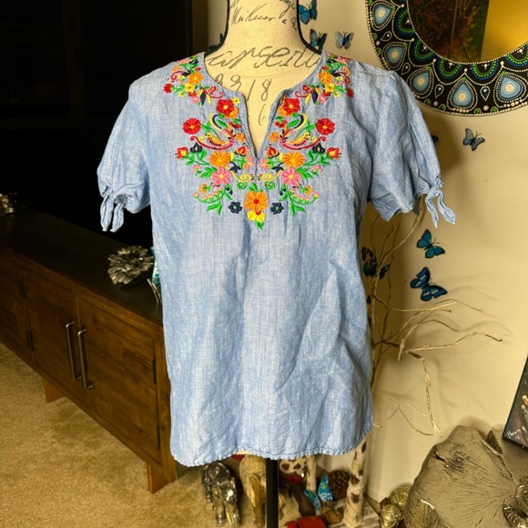 Talbots Sz S Darling Boho Folk Bird Embroidered Chambray Linen Blouse Shirt Top - Picture 2 of 12